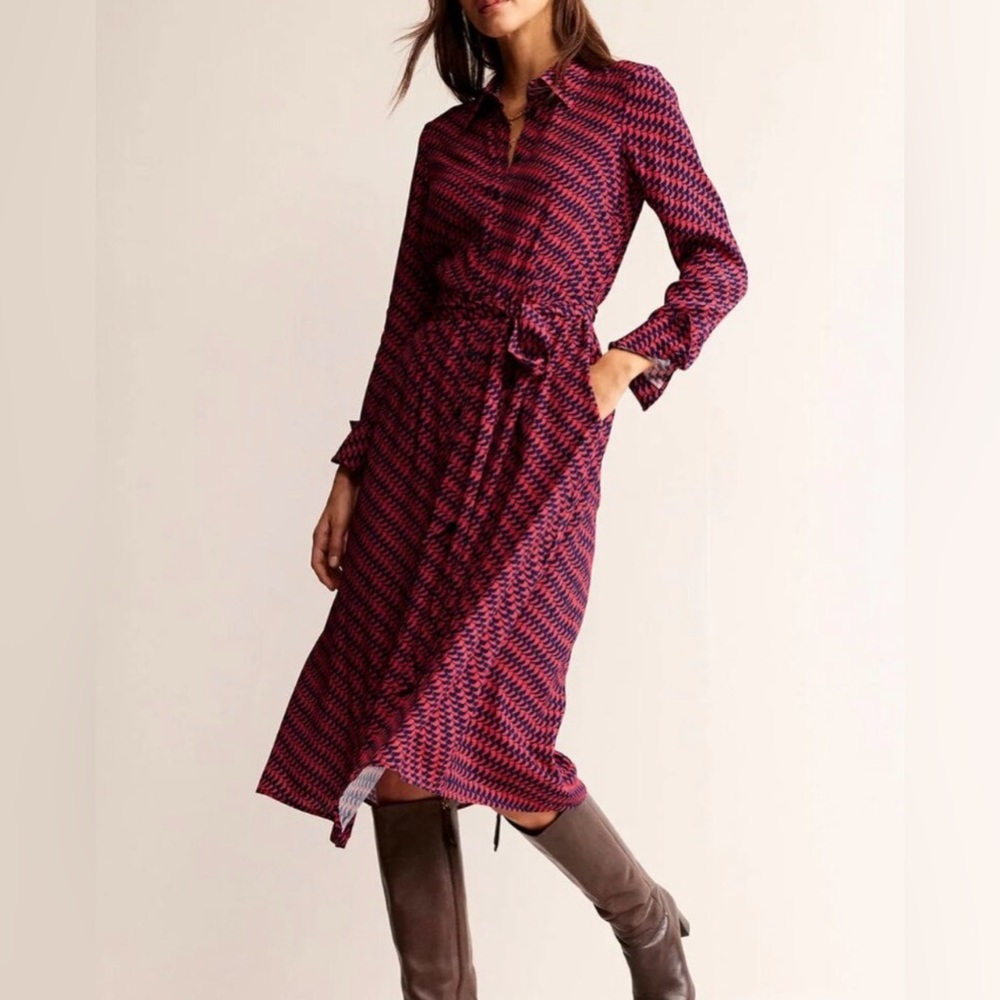 New BODEN Kate Midi Shirt Dress Pop Peony Geo Pattern Red Navy Blue Pockets